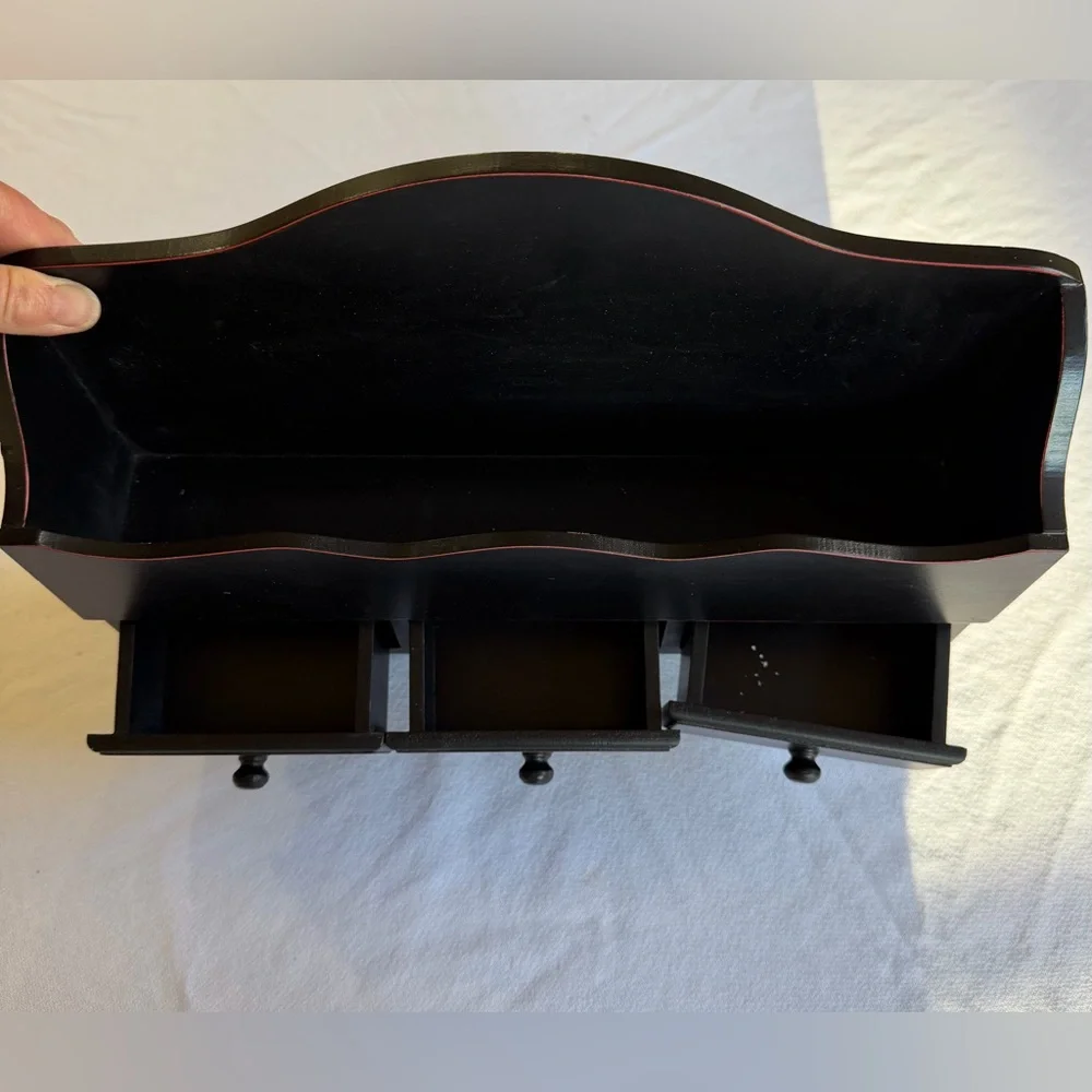 VTG Wall-Mounted Black Wooden Organizer with Hooks and Drawers